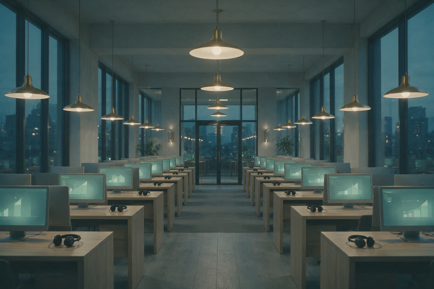 An empty revenue cycle operations floor at dusk, rows of desks and headsets